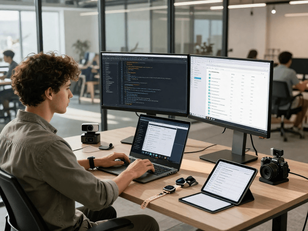 Developer coding on laptop in a modern workspace showcasing crushon ia technology solutions.