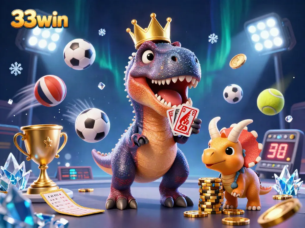 Experience exciting action at 33win with T-Rex shuffling cards and winning chips with dinosaur friends.