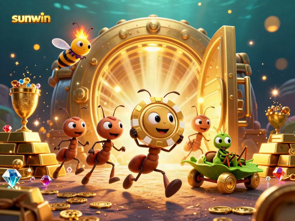 Sunwin heist scene with cartoon ants, poker chips, and sparkling casino treasures.