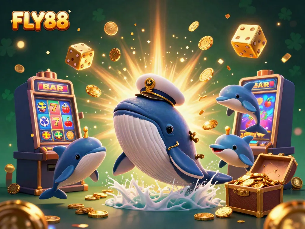Celebrate with a thrilling FLY88 jackpot as a whale and dolphins play amidst casino games.
