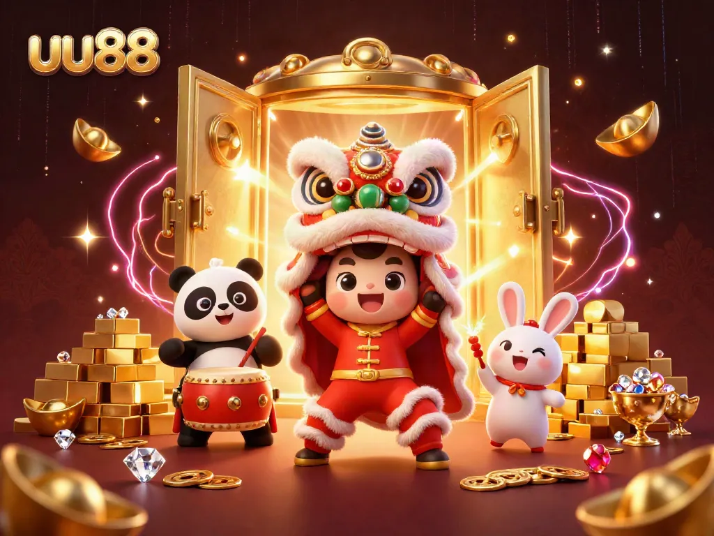 Experience the festive spirit of uu88 with a lively lion dance surrounded by treasures in a vibrant casino