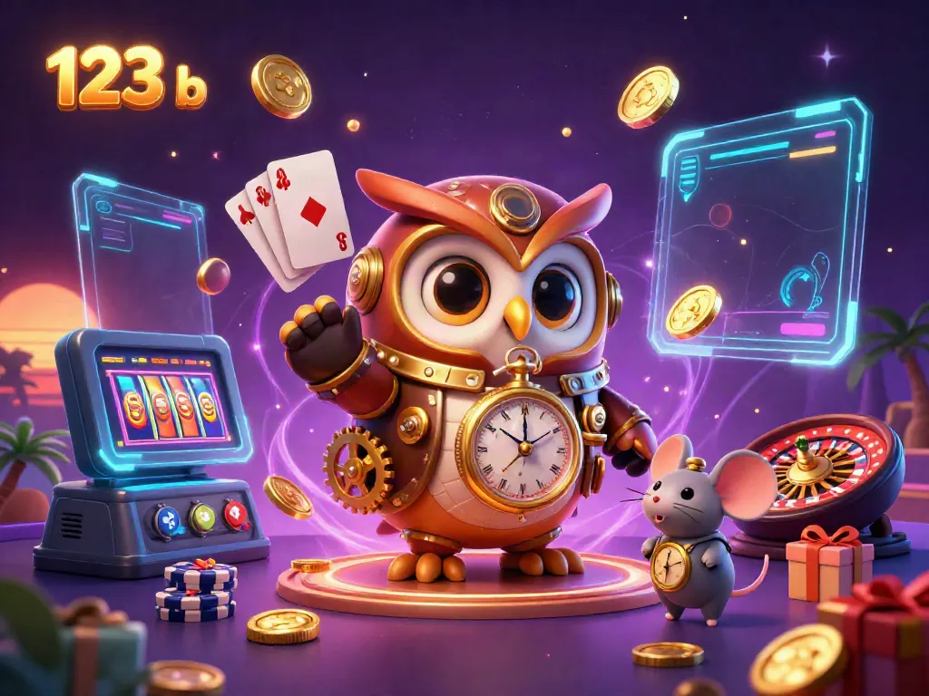 Engage with the vibrant casino scene featuring the 123 b brand, showcasing a time-traveler owl and exciting game elements.