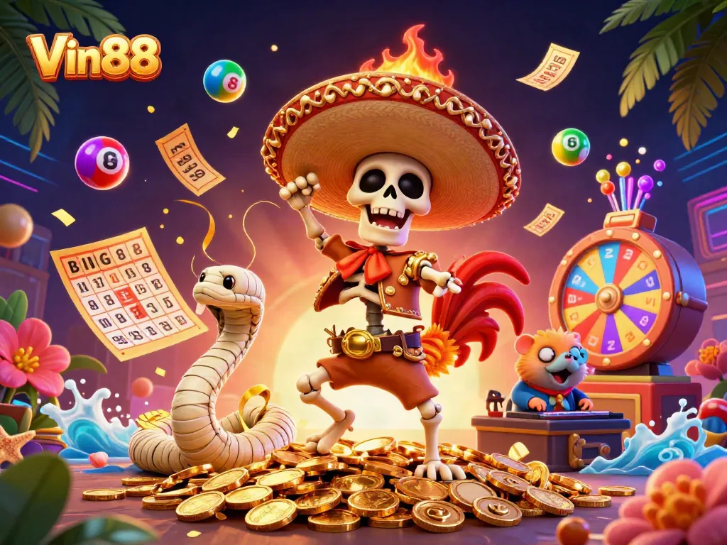 Experience the excitement of Vin88 with a dynamic 3D casino scene bursting with colorful game elements and vibrant characters.