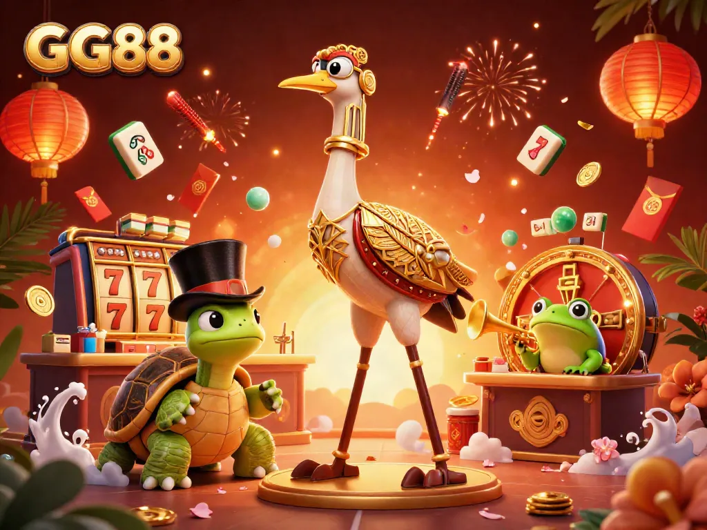 Engage with GG88's vibrant 3D casino world featuring slot elements and rich, festive details.