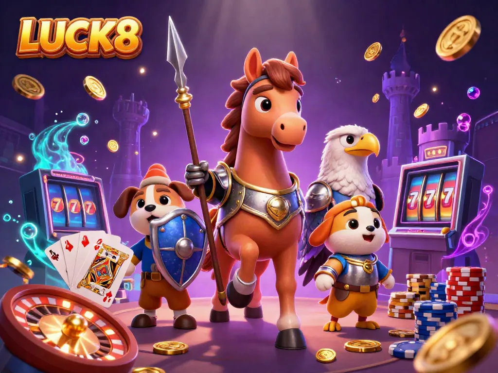 Experience the thrilling world of LUCK8 with knights, treasures, and casino games in a vibrant scene.