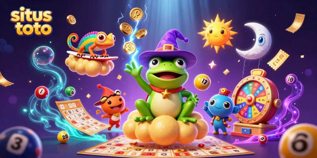 Kalahkan jackpot di situs toto dengan karakter menggemaskan seperti kodok penyihir dan chameleon pelangi di latar belakang ceria.