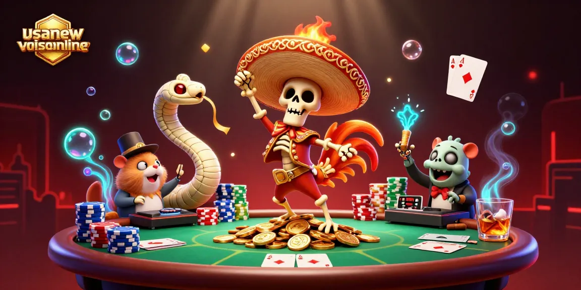 Experience the vibrant 3D casino scene with usanewsonline's spirited characters celebrating among poker game elements.