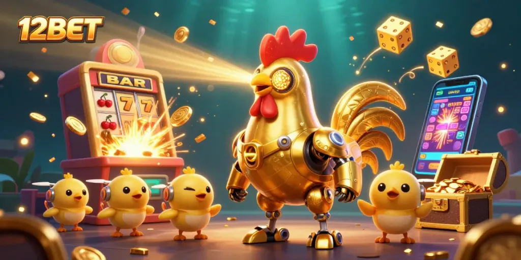 Experience the excitement of 12BET with a dynamic 3D casino illustration featuring a golden rooster robot among vibrant gaming elements.