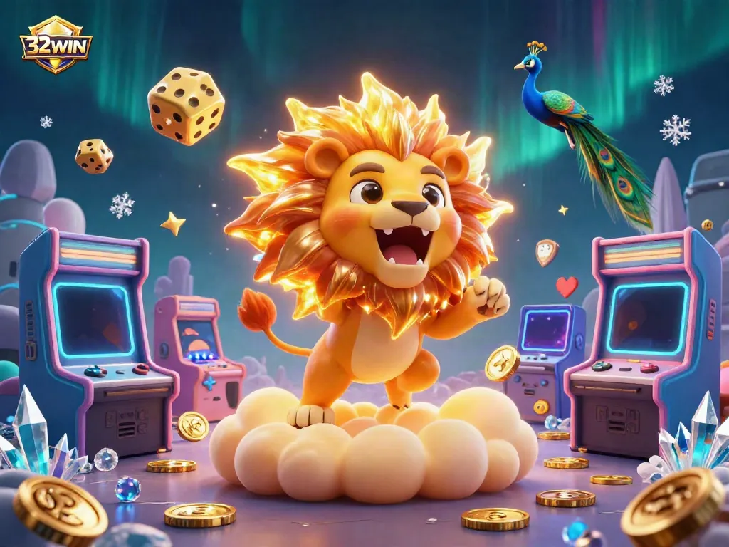 Join the casino excitement with 32WIN, where a roaring sun lion and golden dice create a vibrant gaming scene.