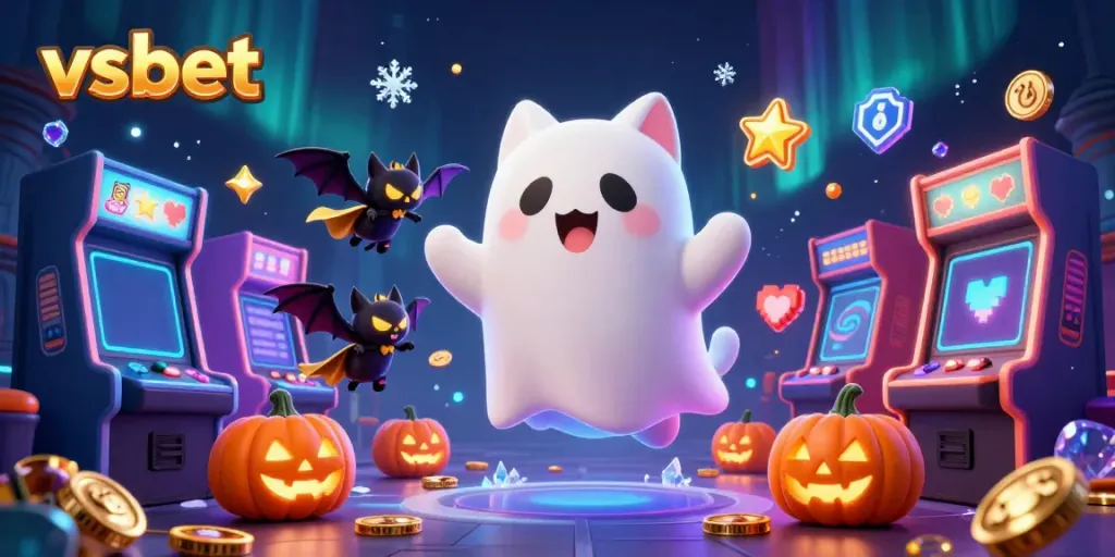Experience the vibrant excitement of vsbet with a friendly ghost cat and vampire bat in a mystical casino