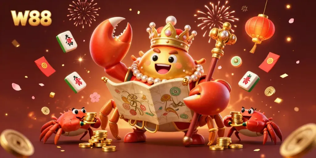 W88 offers thrilling gaming adventure with a golden crab emperor, celebrating with chips and lucky symbols.