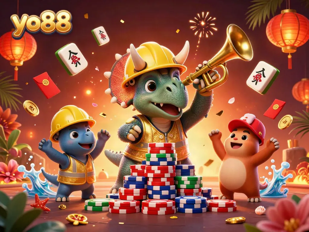 Spin to win with yo88's vibrant gaming scene featuring celebratory elements and iconic characters.