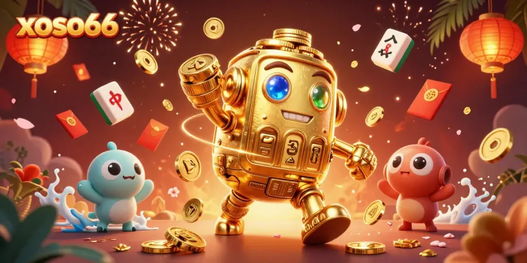Engage with xoso66's vibrant gaming experience featuring a golden golem amidst a festive casino backdrop.