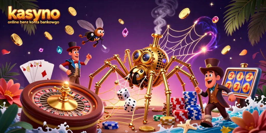 Immerse in a kasyno online bez konta bankowego experience with a cartoon steampunk spider and mesmerizing casino elements.