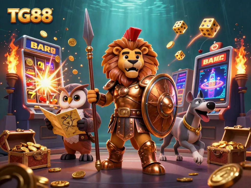 Engage in exciting gaming action at TG88 with a cartoon lion, owl, and greyhound amidst explosive jackpots.