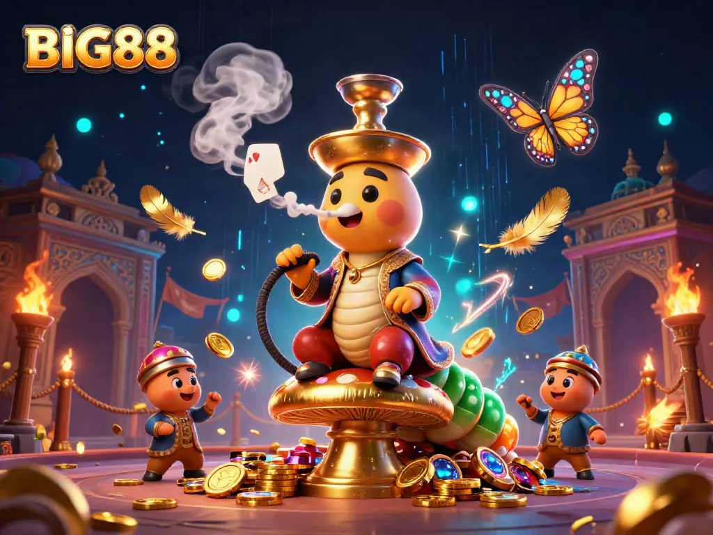 BIG88 engaging illustration depicting a caterpillar hookah-master in a vibrant casino scene with poker elements.