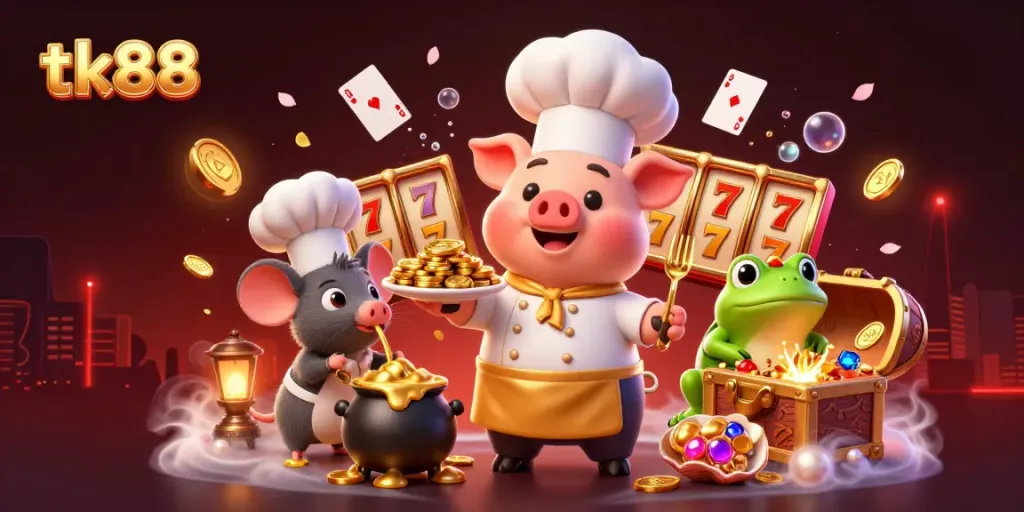 Immerse in the vibrant scene of tk88 featuring a chef pig serving gold coins, surrounded by rich casino elements.