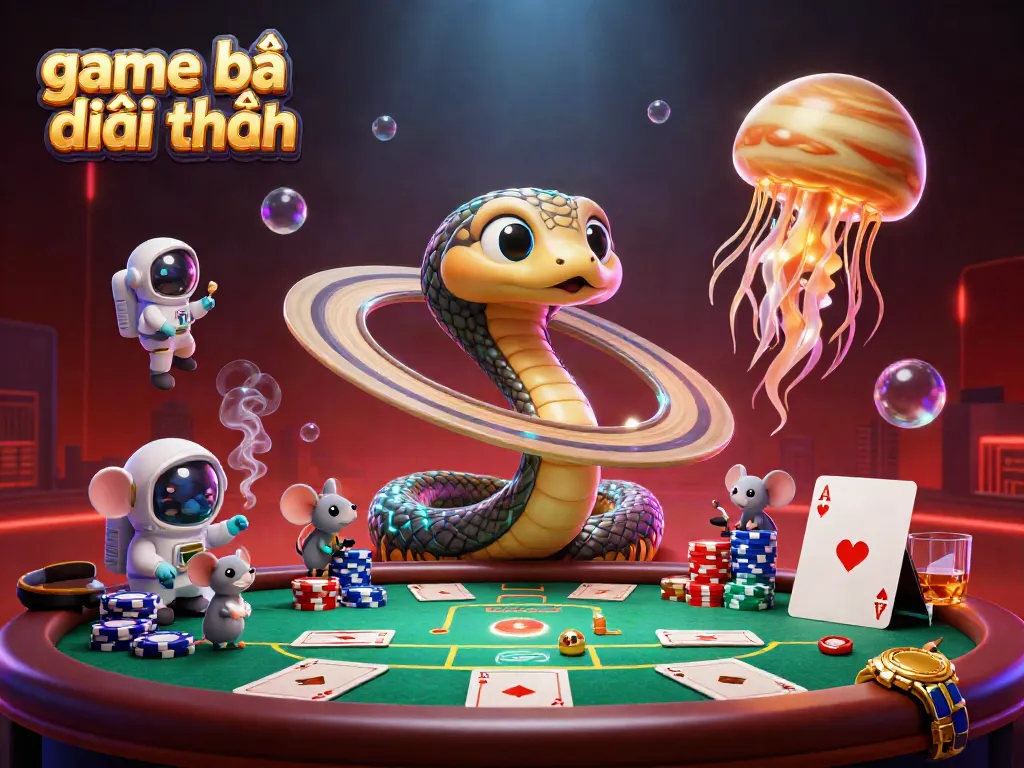 Engaging scene depicting game bài đổi thưởng with cartoon snakes and astronaut mice amid poker elements and cosmic dealer.