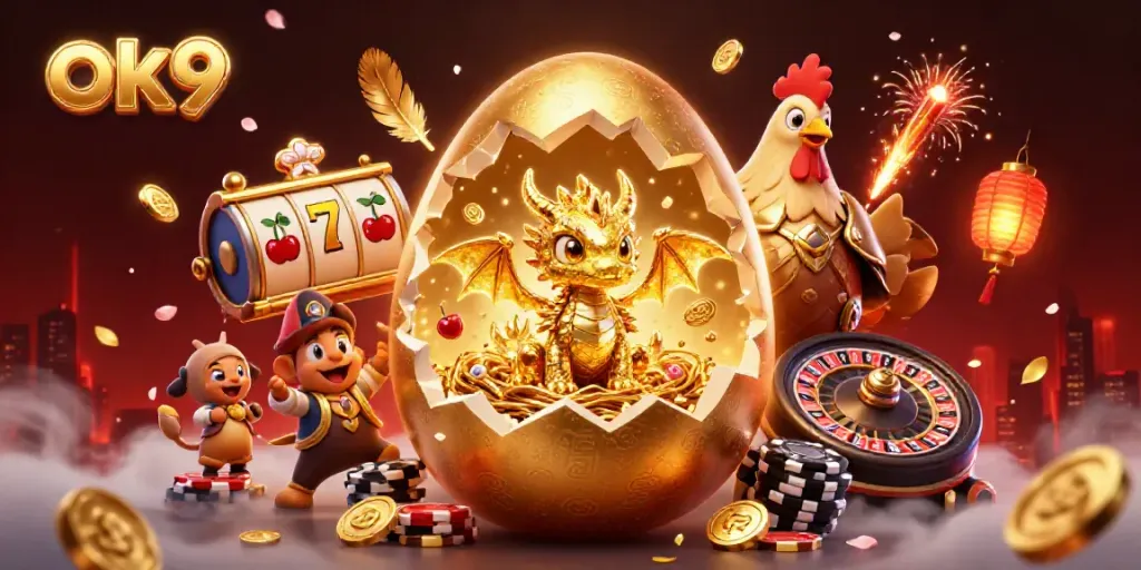 Engage with ok9's vibrant casino illustration showcasing a golden dragon amidst poker chips and splendid gaming symbols.