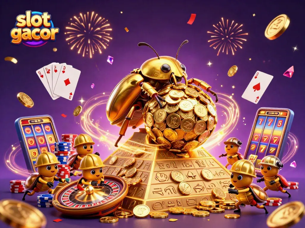 Experience thrilling slot gacor action with a vibrant scene of golden beetles and casino gems.