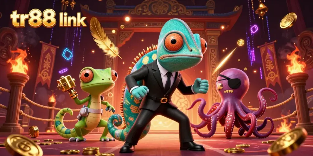 Engage with the thrilling atmosphere of tr88 link featuring a secret agent chameleon and gadget-savvy gecko in a dynamic casino scene.