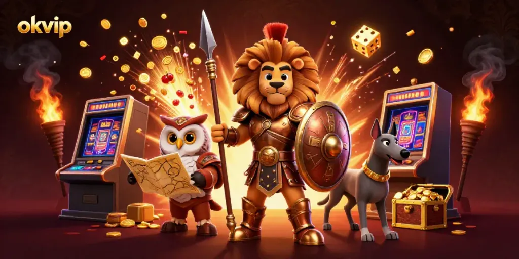 Experience exciting wins with okvip's 3D casino illustration featuring a Spartan lion and dynamic game elements.