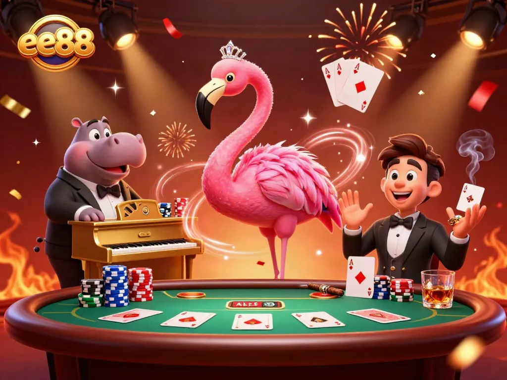 Experience the vibrant ee88 casino scene with a flamingo singer and hippo bassist entertaining gamblers.