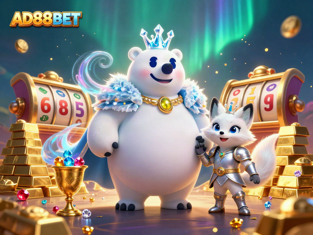Engage with AD88BET through an exciting visual portrayal of a polar bear and snow fox in a dynamic casino scene.