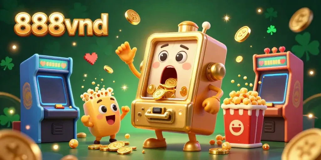 Celebrate jackpots at 888vnd, where a golden slot machine triumphantly spills coins with excitement while cheering machines join the fun.