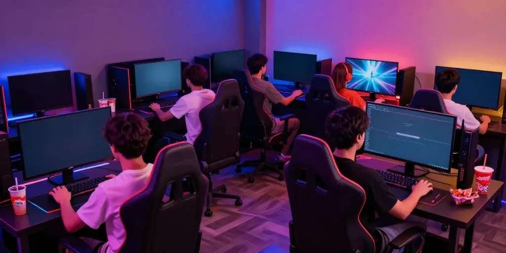 Kilat 404 gaming experience with friends enjoying online games in a lively lounge.