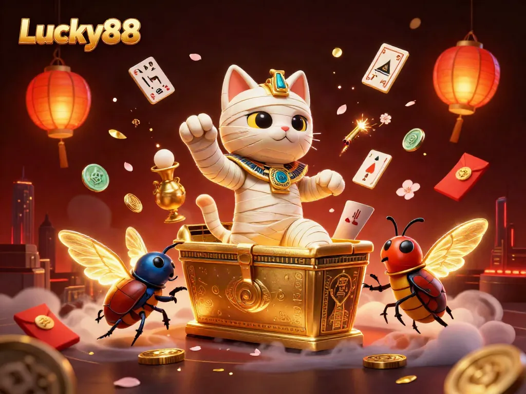 Experience the excitement of Lucky88 as a cartoon mummy cat bursts from a golden sarcophagus in a lively casino scene.