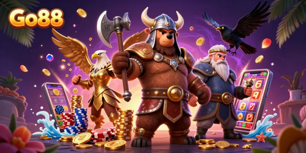 Play engaging casino games at Go88 with colorful characters and vibrant gameplay elements.