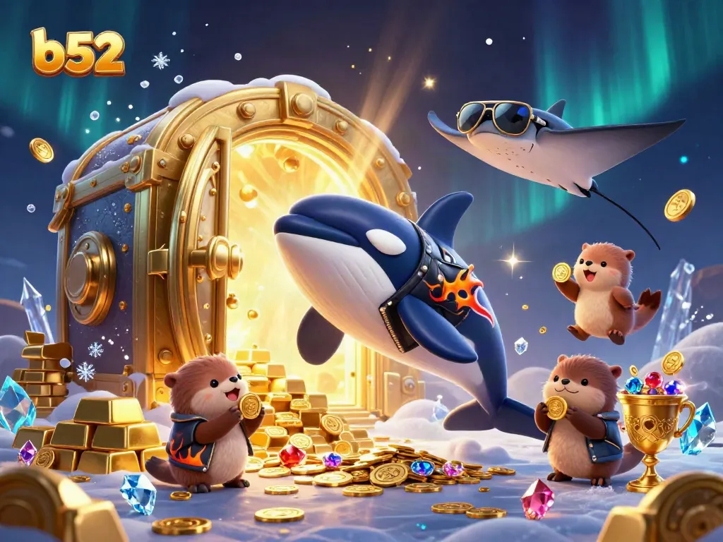Spin the reels with B52 at the dynamic casino illustration featuring playful sea creatures and treasures.