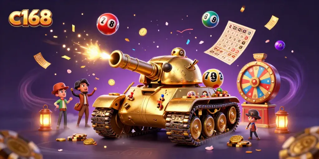 Experience the excitement of the c168 casino world in a dynamic 3D illustration packed with lottery games.