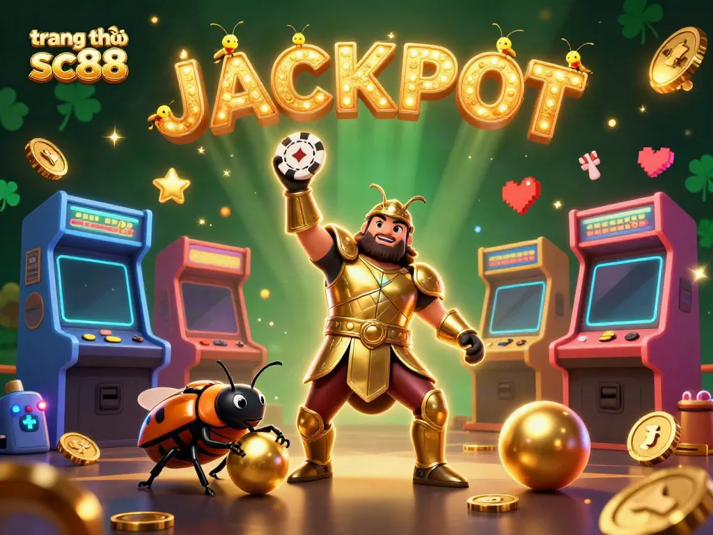 Experience the thrill on trang chủ sc88 with a victorious beetle lifting a poker chip amidst casino excitement.