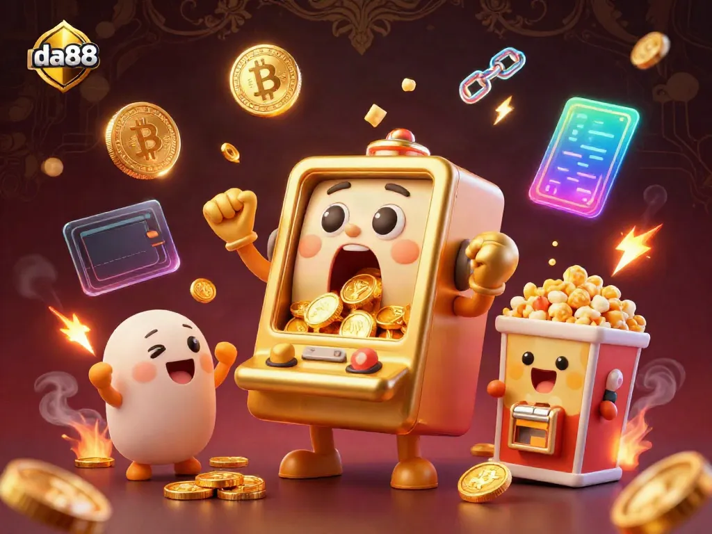 Experience the excitement of da88 as animated slot machines celebrate a jackpot amidst Bitcoin and Ethereum coins.
