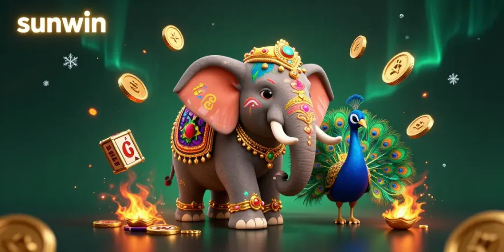 Experience vibrant gameplay at sunwin with a Diwali-themed elephant and peacock amidst casino excitement.