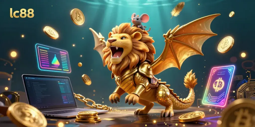 Engage with the exciting lc88 casino world featuring a golden chimera creature, Bitcoin, and Ethereum tokens!