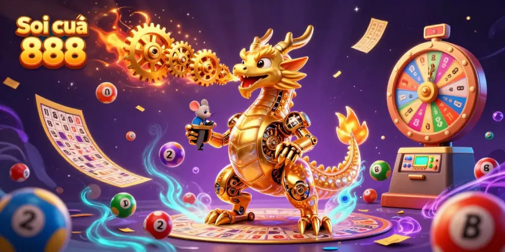 Experience exciting Soi cầu 888 with a whimsical dragon and vibrant lottery elements.