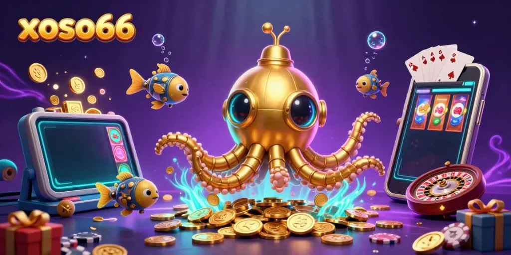 Engage with the thrilling world of xoso66 as the golden kraken submarine surfaces amidst a treasure of coins and slot games.