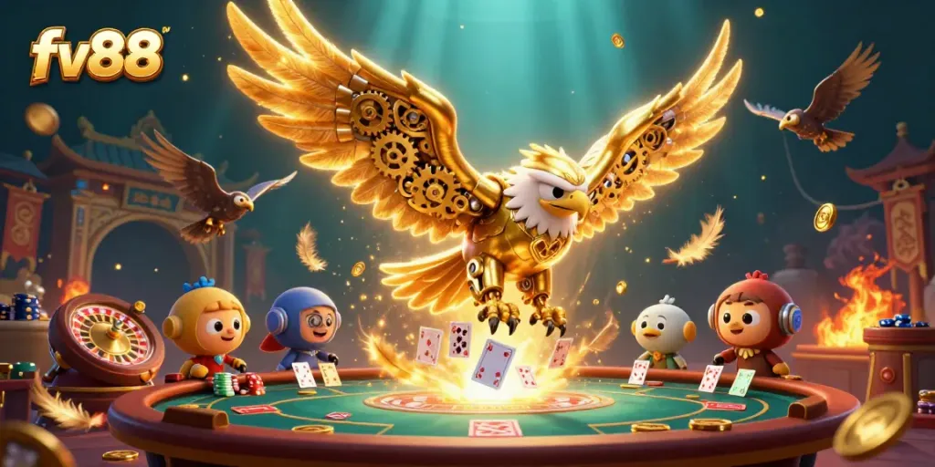 Engage in thrilling gaming with fv88 featuring a cybernetic eagle surrounded by playing cards and betting tokens.