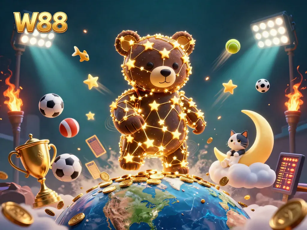 Experience the excitement of W88 with a celestial bear and dynamic sports elements in a vibrant casino setting.
