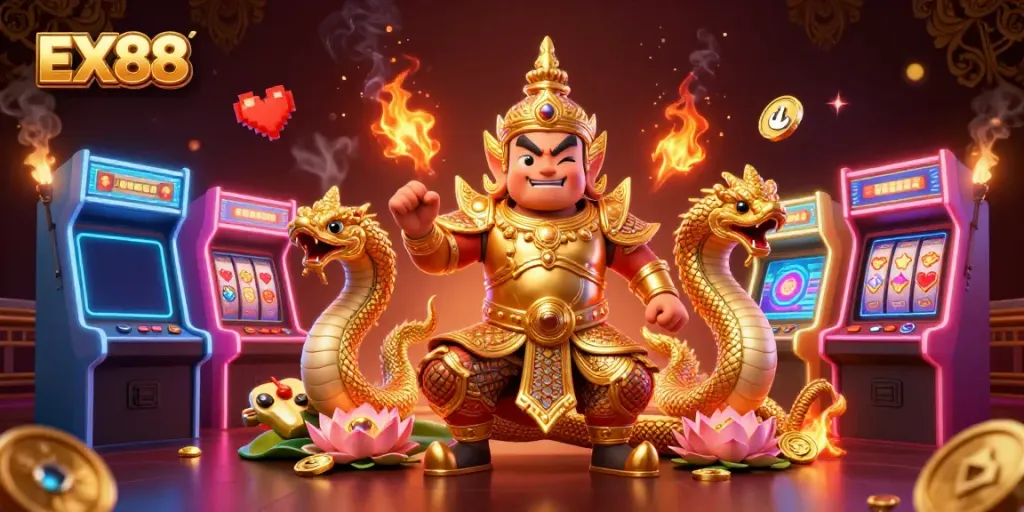 Experience thrilling gameplay with EX88's dynamic guardian scene featuring rich casino elements.