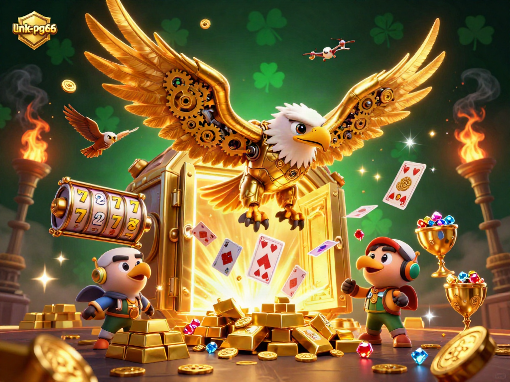 Engage in thrilling action with link-pg66 as a cybernetic eagle dives through holographic cards in this vibrant casino scene.