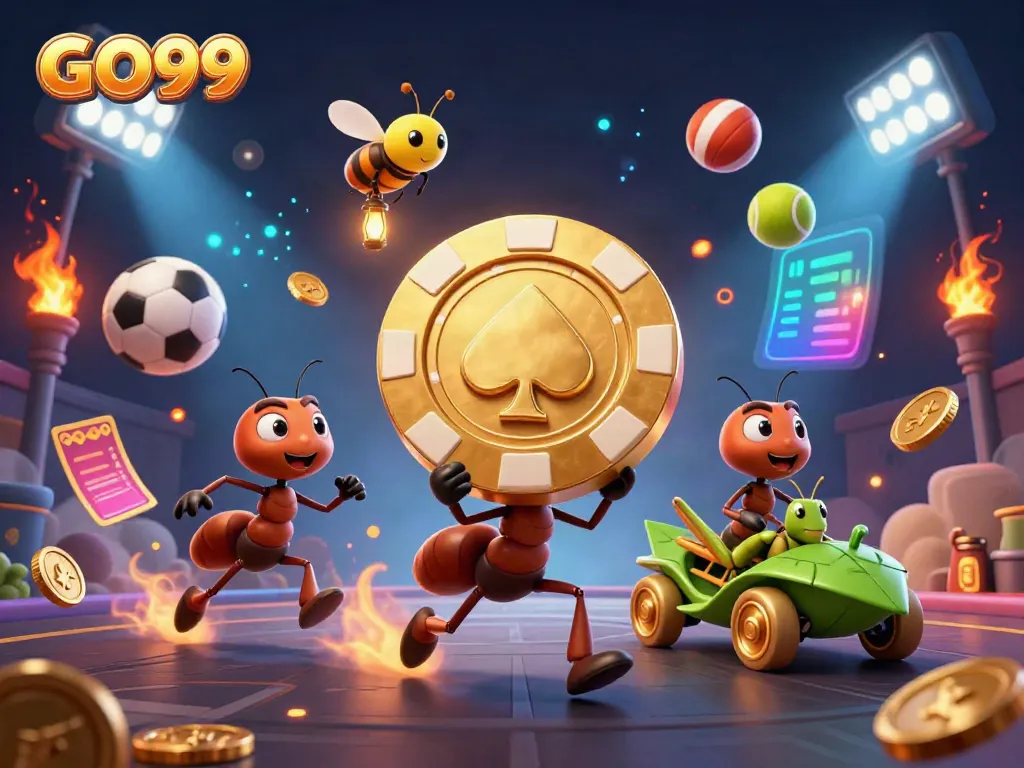 Experience the excitement of GO99 with a dynamic heist scene featuring ants, fireflies, and sports elements.