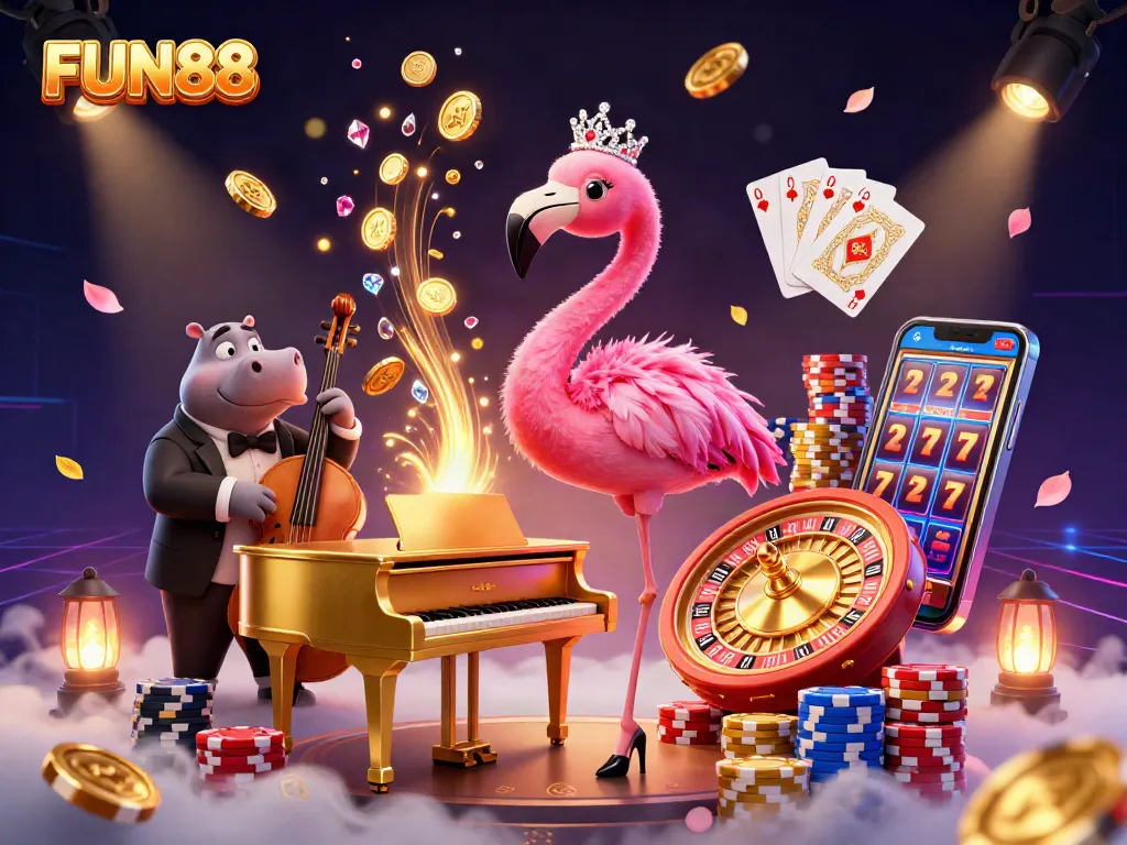 Experience FUN88 gaming with a vibrant scene of a flamingo singer, hippo bassist, and casino elements.