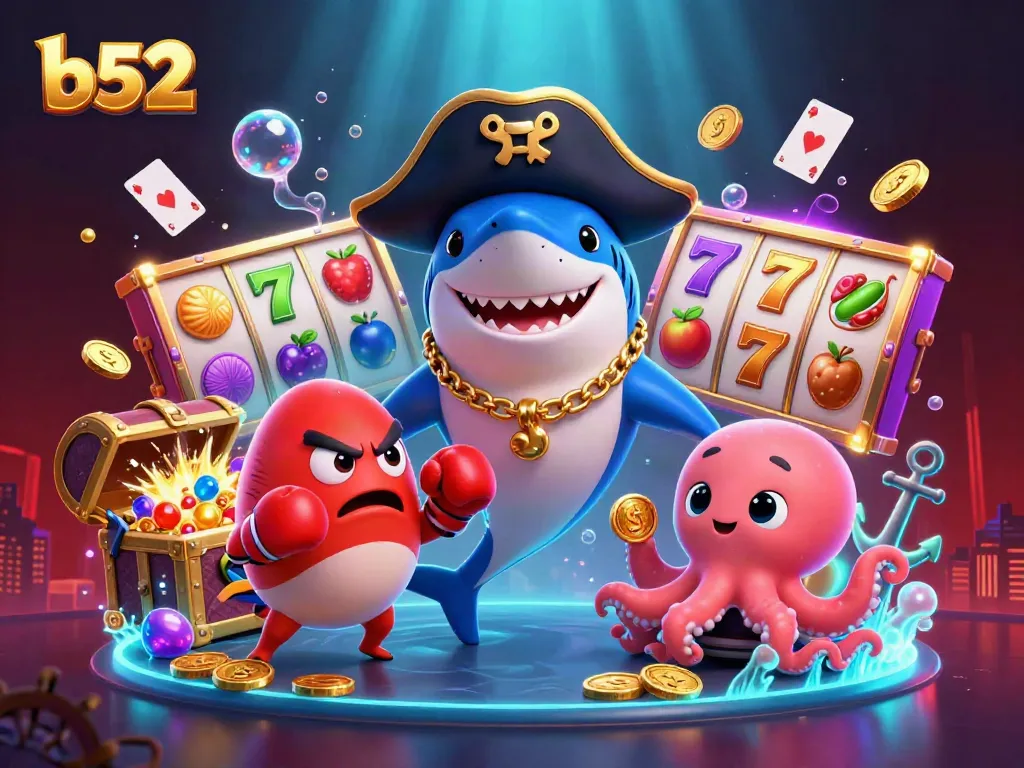 Join the b52 jackpot celebration with lively characters in a colorful casino-themed underwater scene.