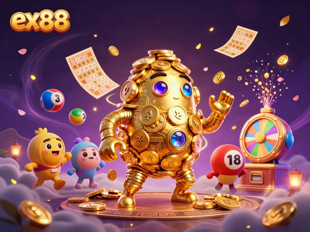 Experience thrilling gameplay on ex88 with dynamic lottery and gaming elements enveloping a golden golem.
