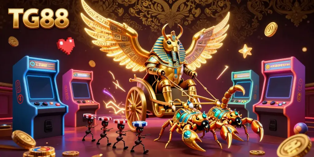 Join the TG88 adventure with a golden scarab beetle and scorpions amid vibrant casino elements.