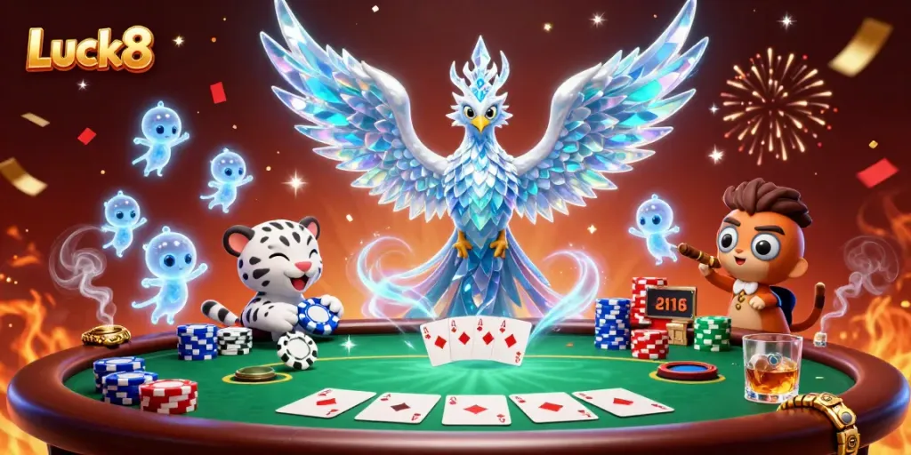 Engaging illustration of Luck8 featuring a vibrant scene of an ice phoenix and a snow leopard cub at a poker table.